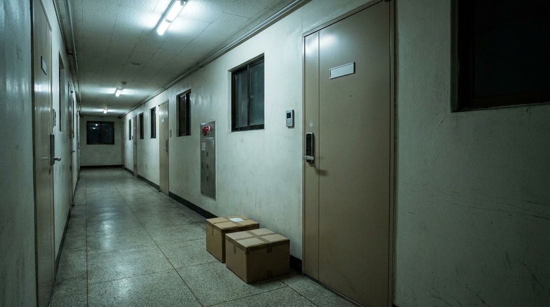 Grocery delivery boxes left outside an apartment door before dawn in Korea
