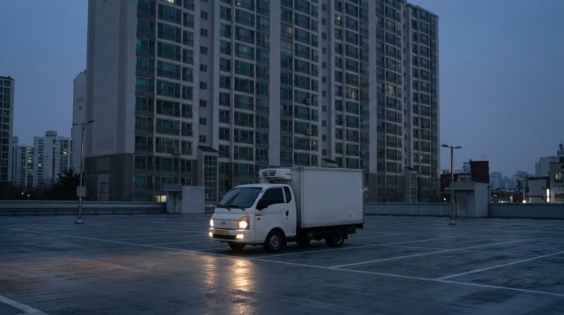 A small refrigerated delivery truck at the base of a Korean apartment tower before dawn