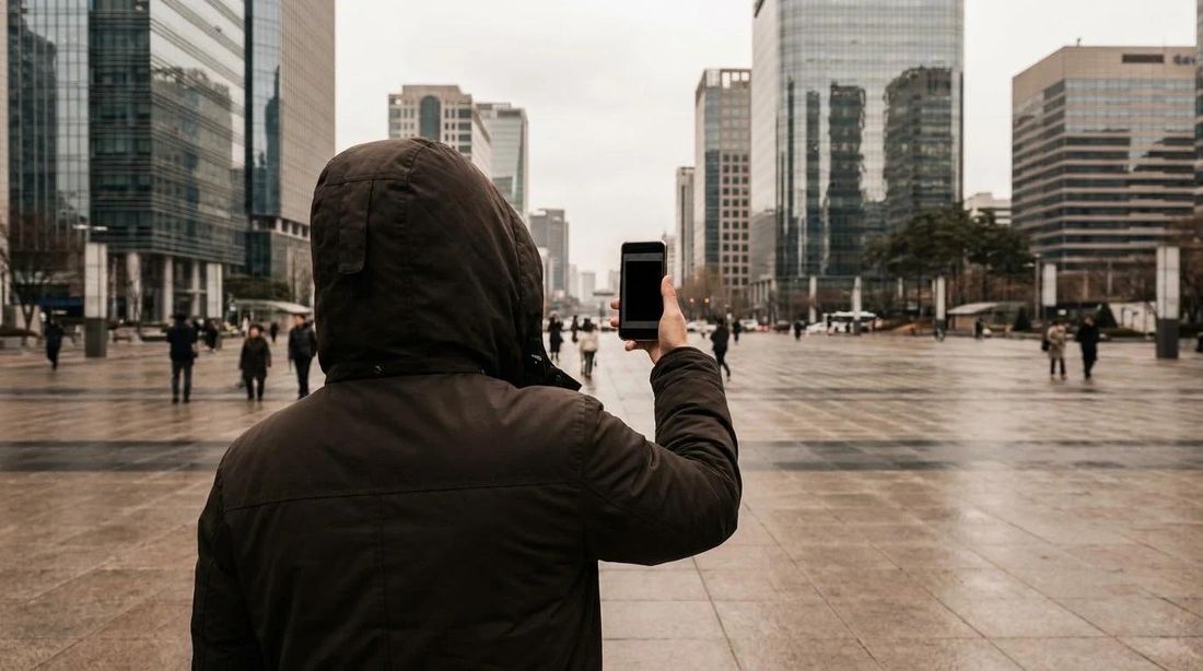 A person holding a phone while walking across a plaza