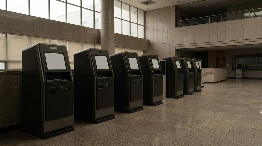 A row of self-service kiosks in a public building lobby