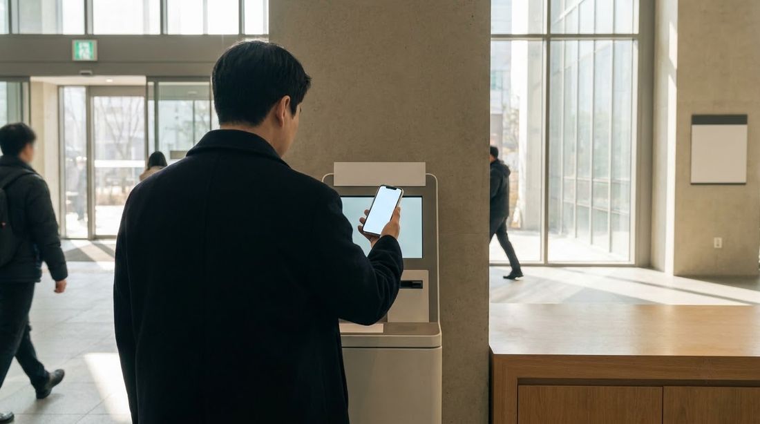A person using an unmanned service kiosk in the lobby of a Korean public building
