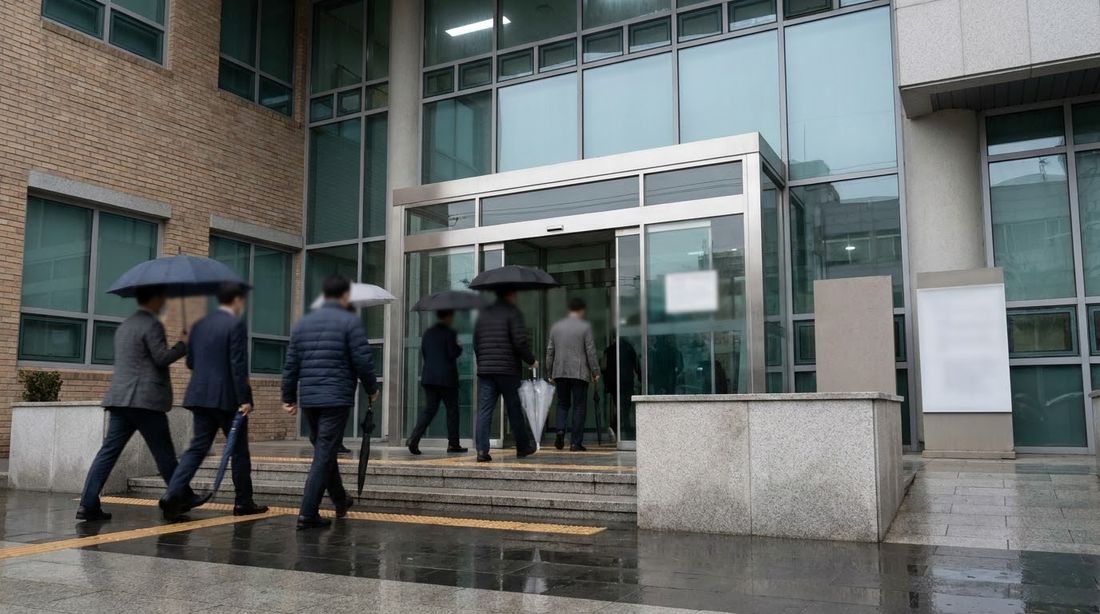 The entrance of a Korean district office on a rainy weekday morning