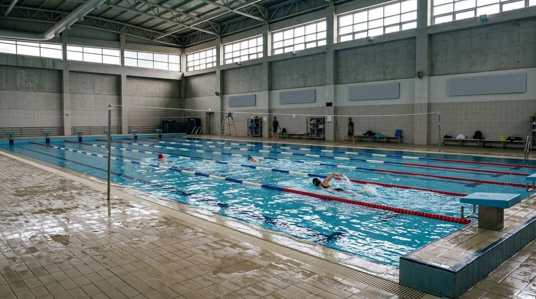 Swimmers in the lanes of a Korean district public pool
