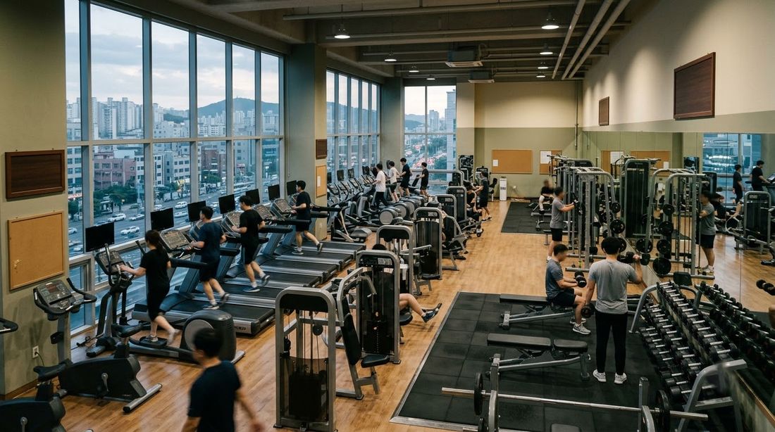 Treadmills and weight machines in a district sports center gym