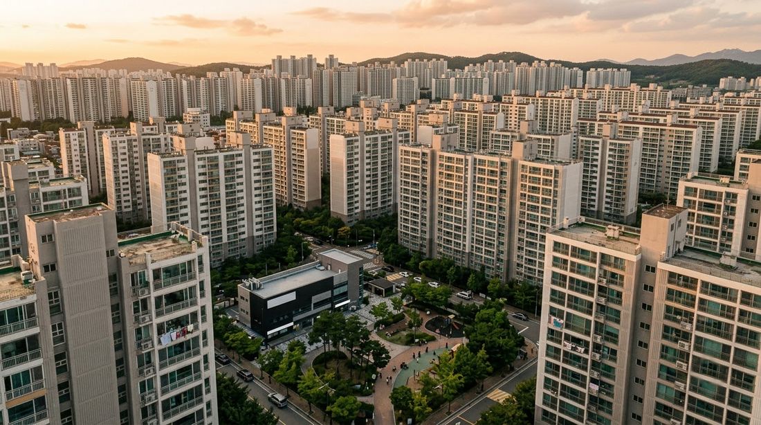 Aerial view of a dense Korean apartment district at sunset