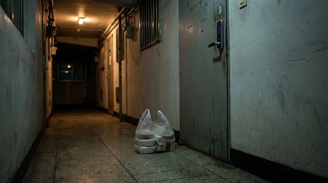 A takeout bag left at an apartment door