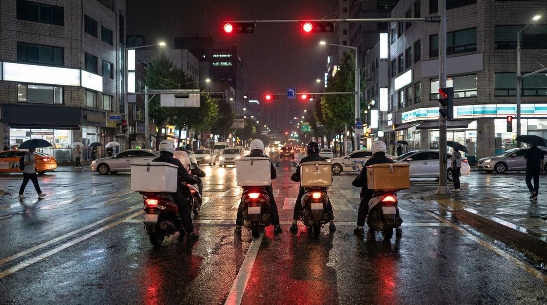 Delivery motorbikes waiting at a red light on a Seoul street at night