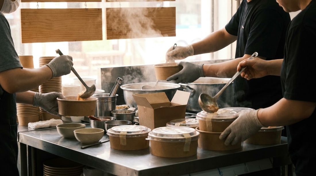 Takeout containers being filled and sealed at the pass of a small Korean restaurant