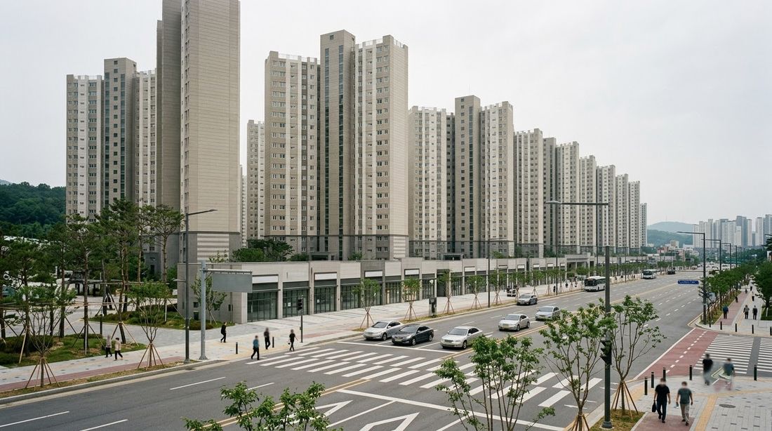 Rows of newly built high-rise apartment towers along a wide boulevard