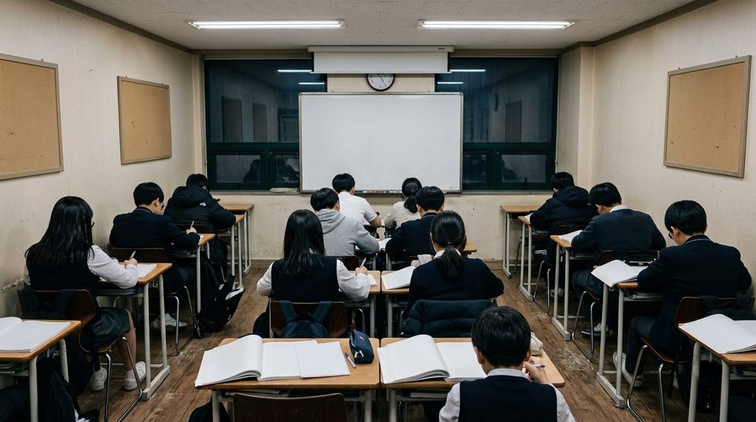 Students at desks in a private academy classroom on a weekday evening