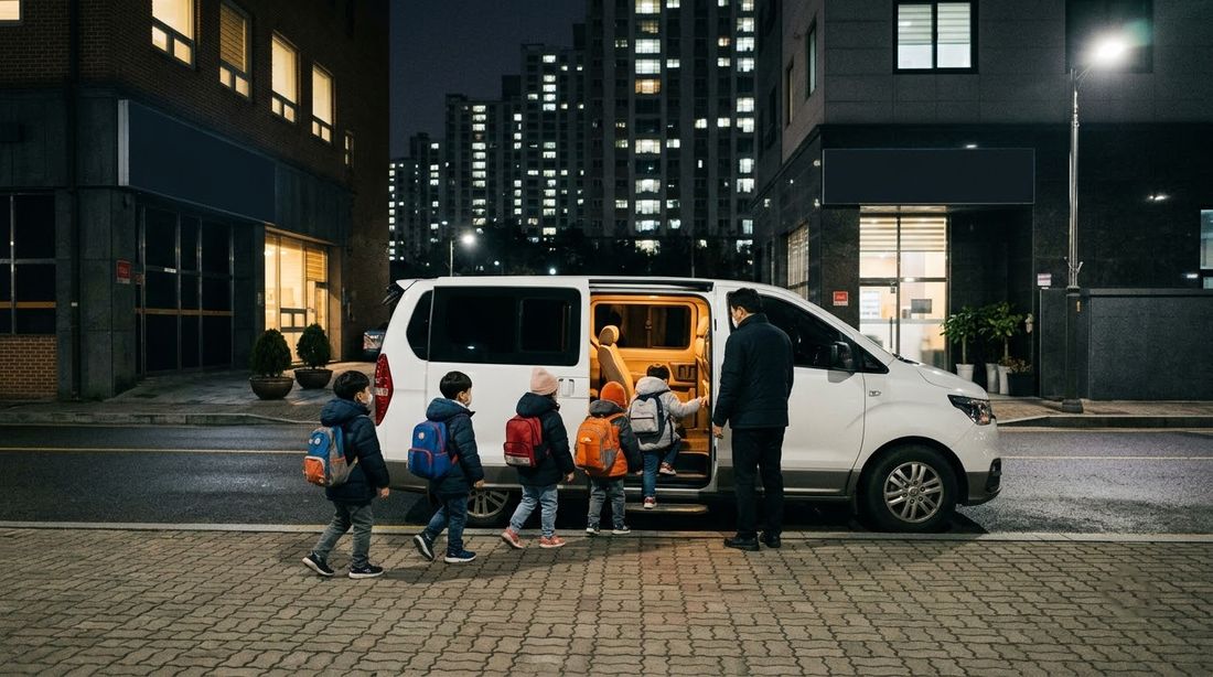 Children boarding an academy shuttle van at the curb after dark