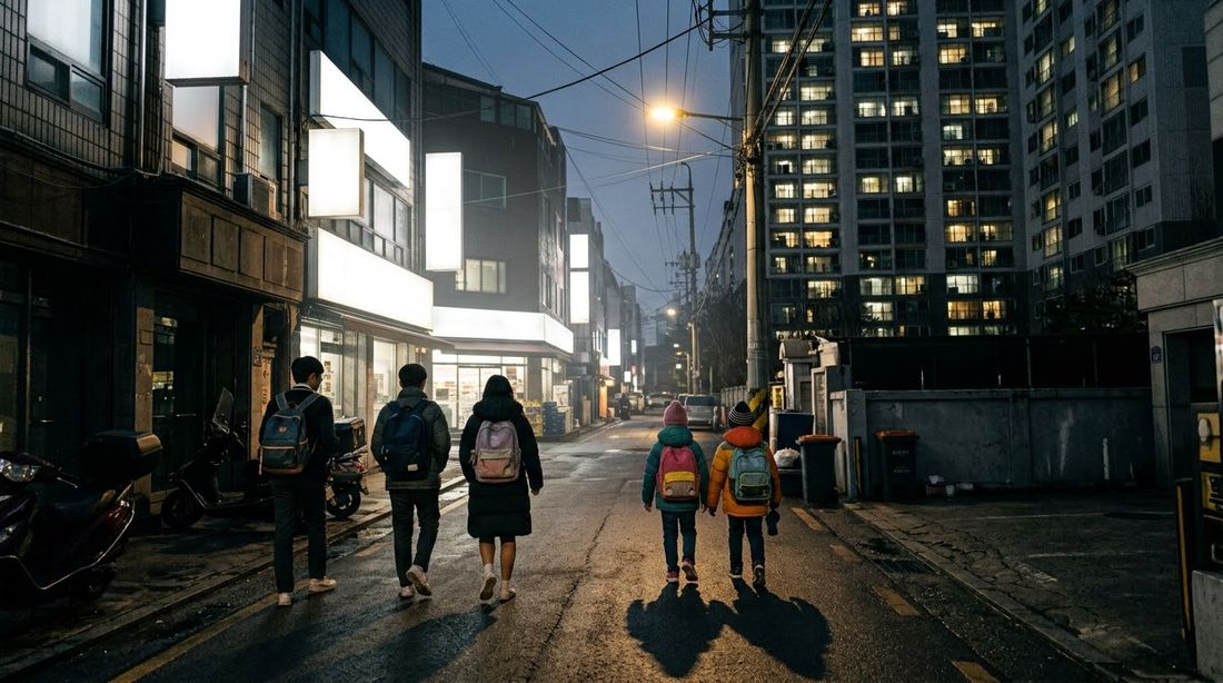 Children walking home on foot past an academy block late in the evening