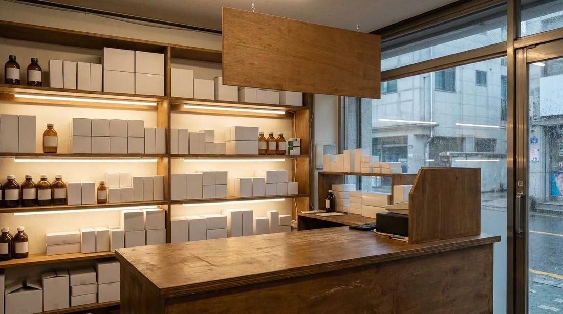 A pharmacy counter with shelves of plain boxes