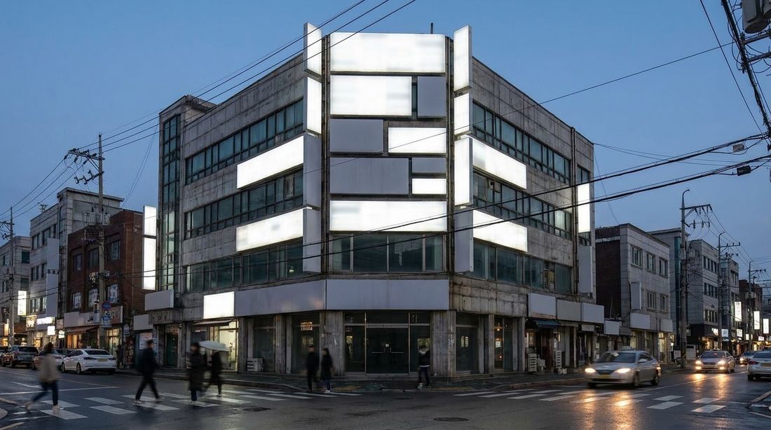 A mid-rise Korean commercial building whose upper floors hold small clinics