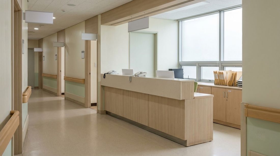 A nurse's station and corridor inside a small Korean hospital