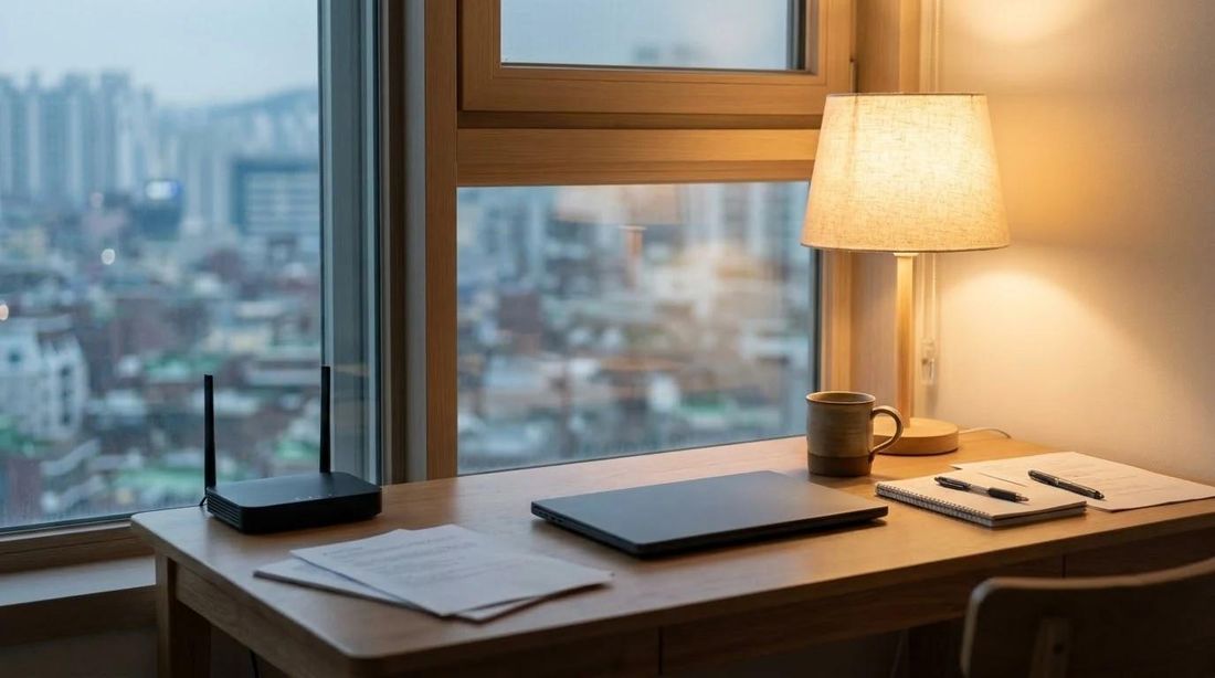 A home desk with a router in evening lamp light
