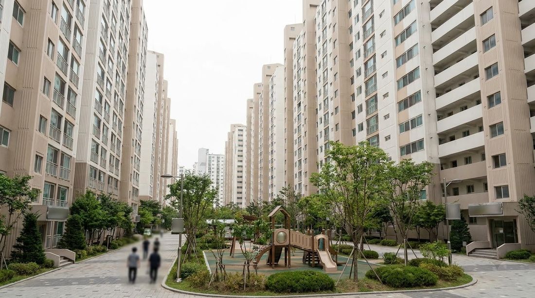 Near-identical towers and a landscaped courtyard in a standardized Korean apartment complex
