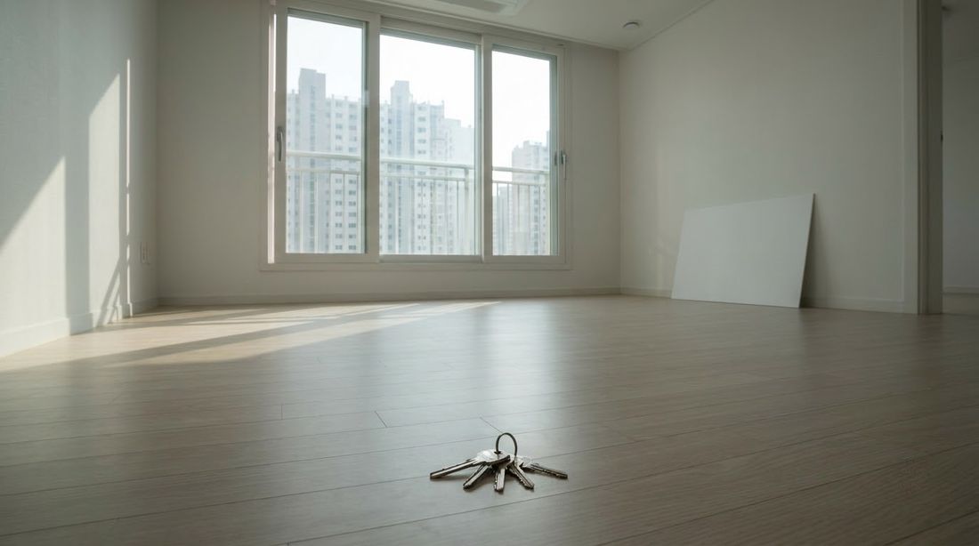 An empty Korean apartment unit on handover day with a set of keys on the floor