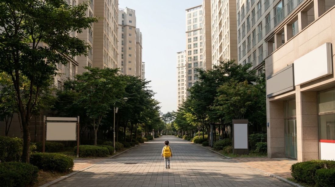 A child in a yellow jacket walking alone between apartment towers in Seoul