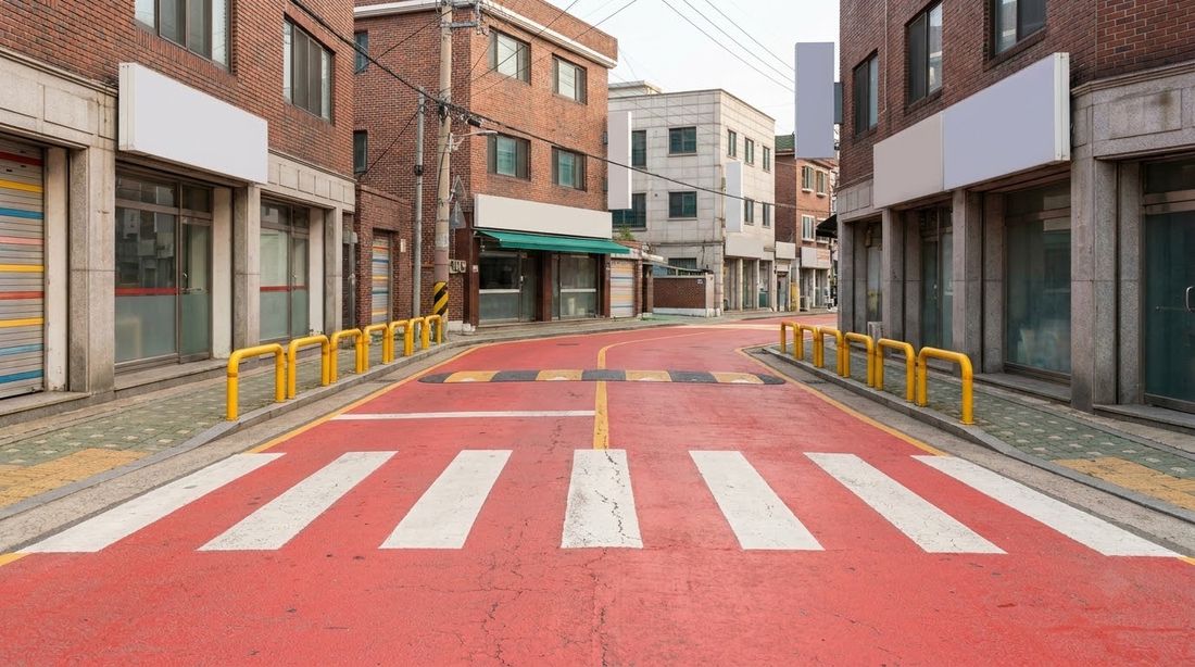 A Korean school zone with red road surface, crosswalk and yellow bollards