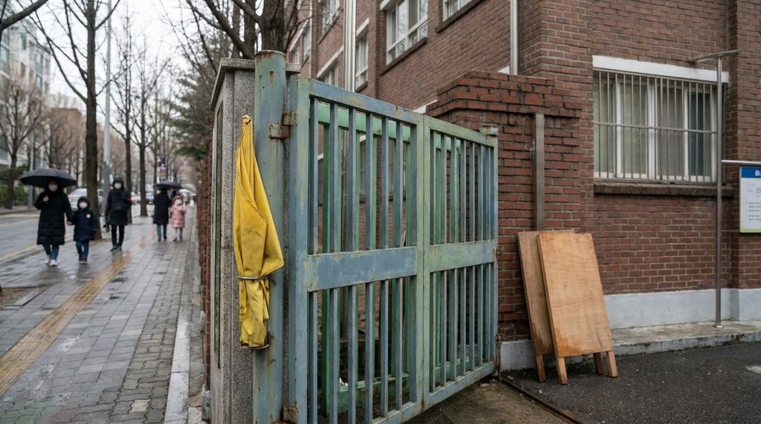 The gate of a Korean elementary school on a rainy morning