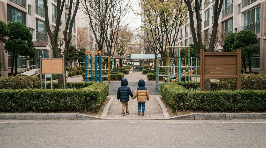 Two young children walking into the playground area of a Korean apartment complex