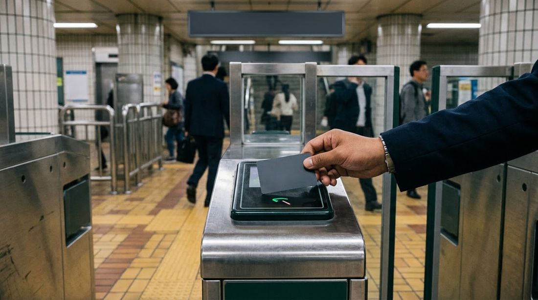 A commuter tapping a plain transit card on the reader of a Korean subway fare gate