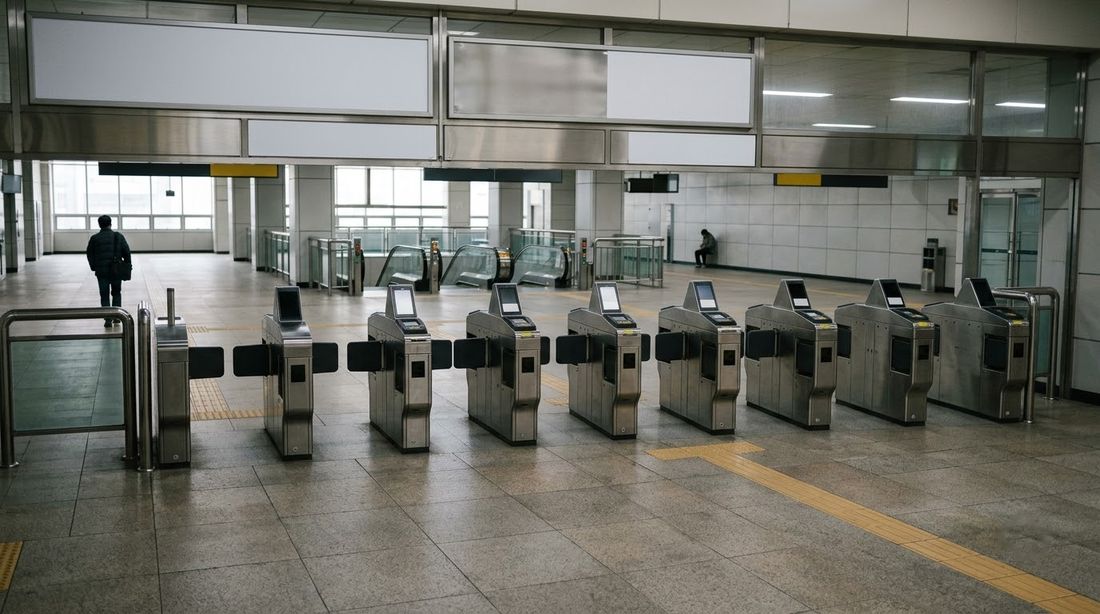 A row of fare gates in a quiet Korean subway station concourse during an off-peak hour