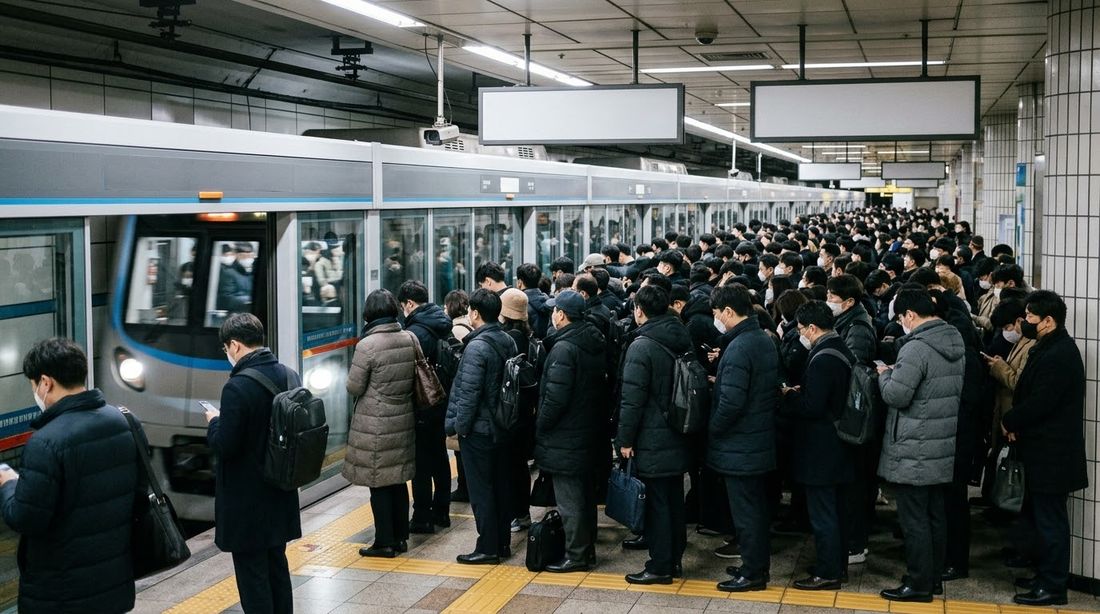 Commuters standing in dense lines along the platform screen doors of a Korean subway station as a train arrives
