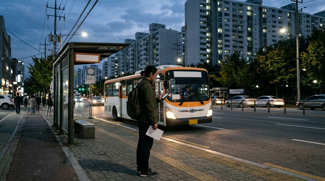 A rider waiting at a Korean bus stop at dusk holding a transit card and a smartphone as a city bus pulls in