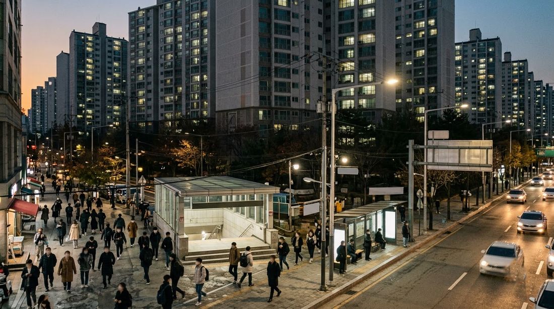 An elevated view of a dense Korean residential district at dusk where a subway entrance and a bus shelter sit below apartment towers