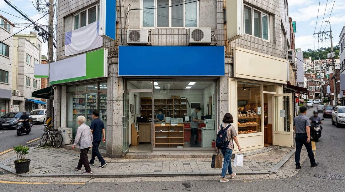 A small neighborhood post office on the ground floor of a Korean mixed-use building, people walking past