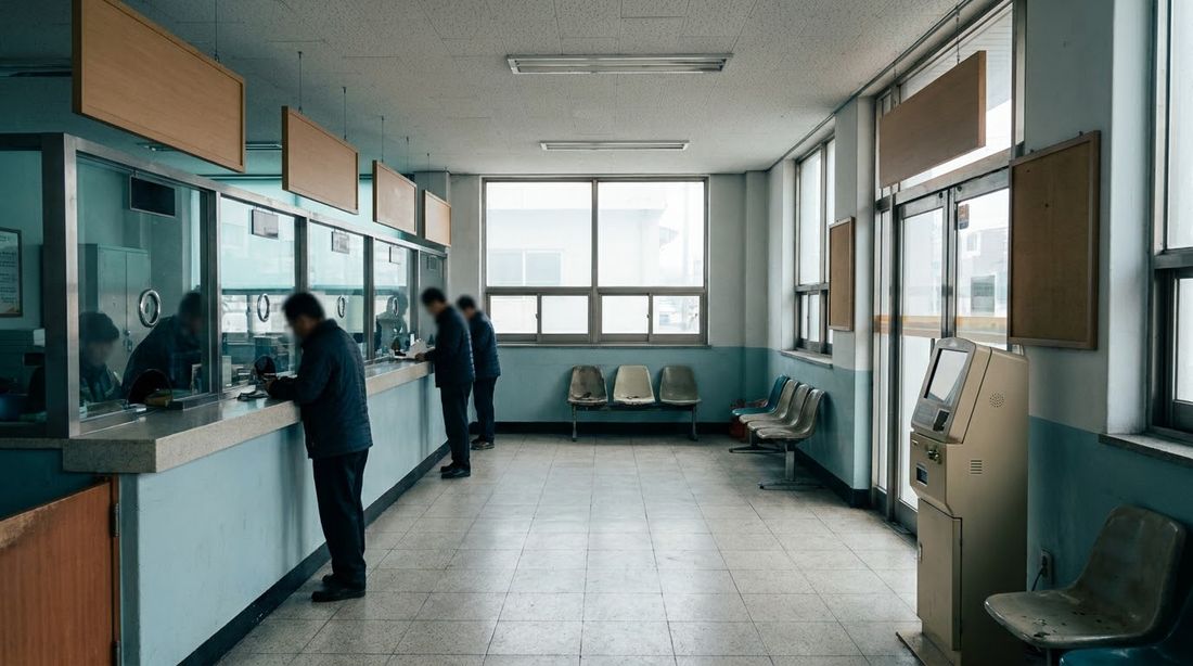 Inside a small Korean post office, clerk windows along one wall and a few chairs for waiting