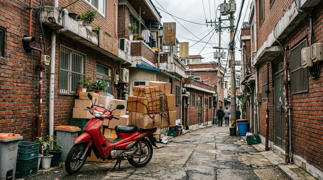 A postal delivery scooter loaded with stacked parcel boxes parked in a narrow Korean alley