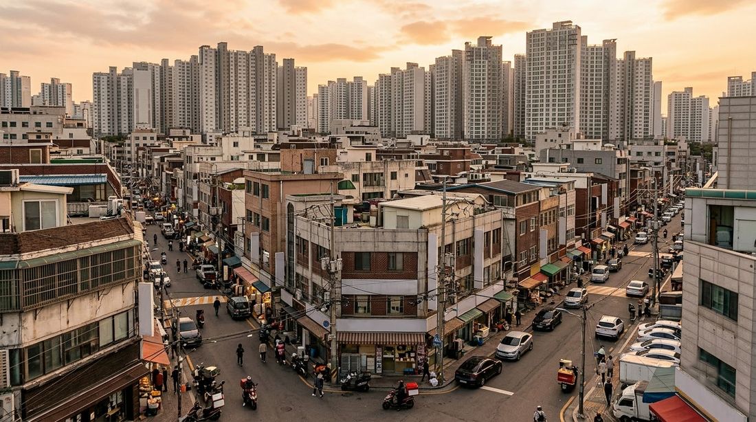 Elevated golden-hour view of a dense Korean city block with small shops filling the ground floors