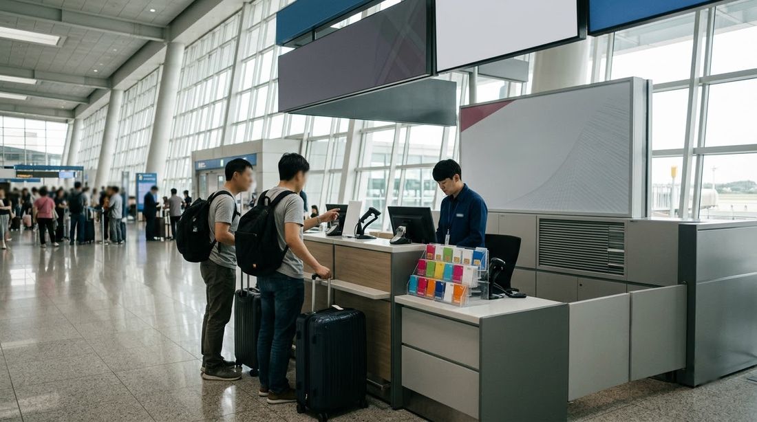 Travelers with suitcases at a mobile carrier service counter in a Korean airport arrivals hall