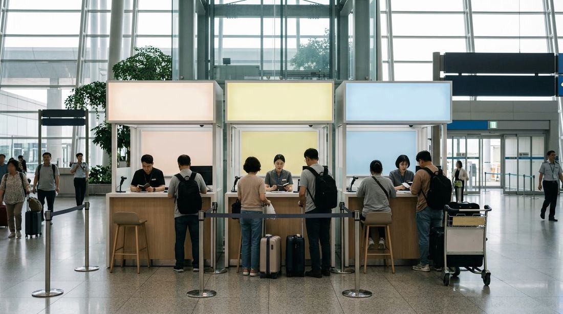 A row of small mobile carrier booths side by side in a Korean airport arrivals concourse