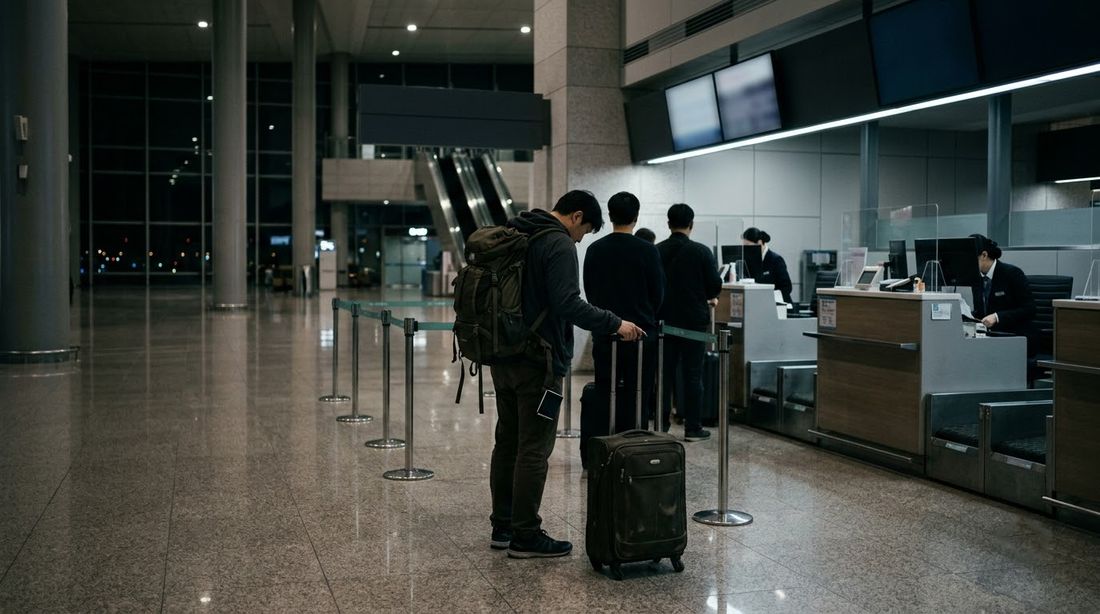 A traveler with a backpack and suitcase waiting in line at an airport service counter late at night