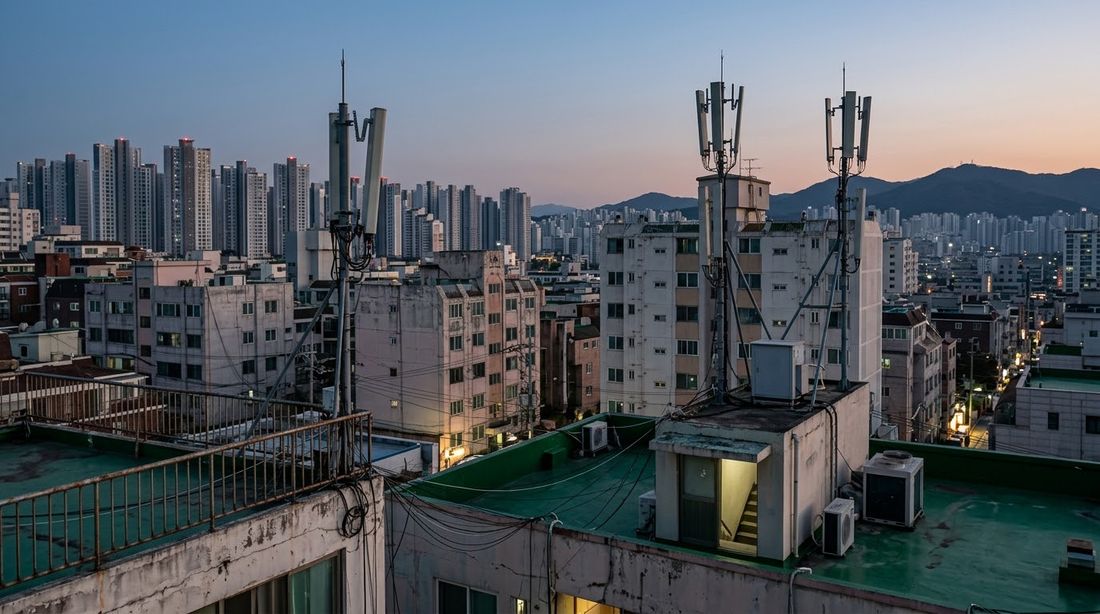 Cellular base station antennas on apartment rooftops above a dense Korean city district at dusk