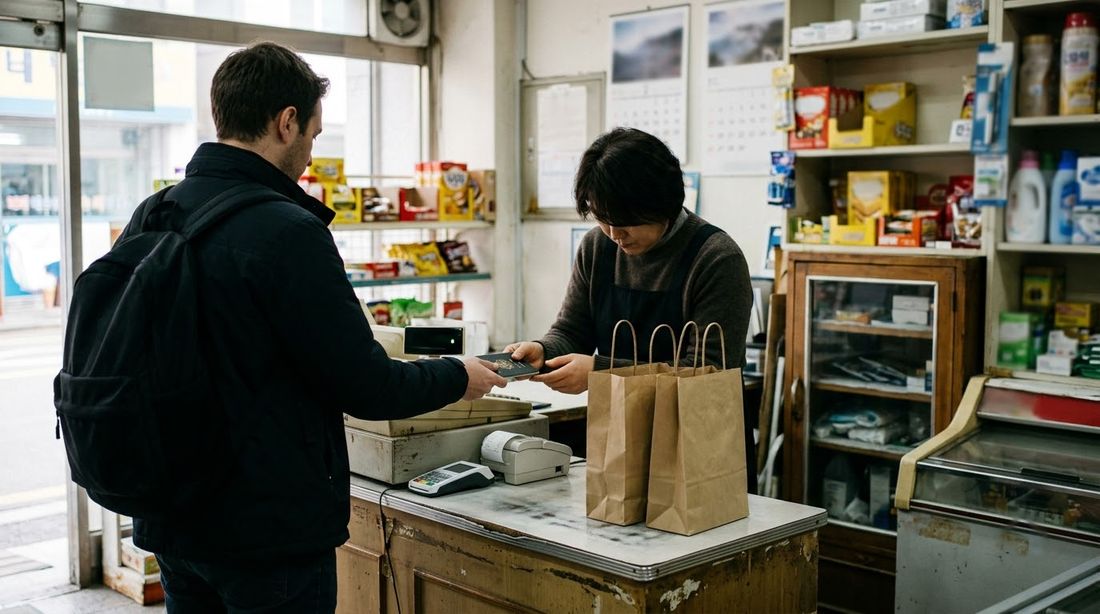 A foreign visitor at the register of a small Korean shop beside two paper shopping bags
