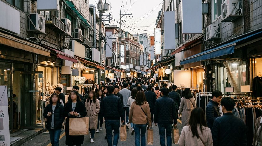 Narrow storefronts packed side by side along a busy Korean downtown shopping street in the evening