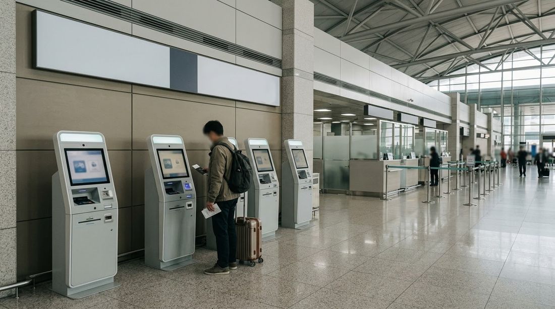 A row of self-service refund kiosks along a wall in a Korean airport departure hall