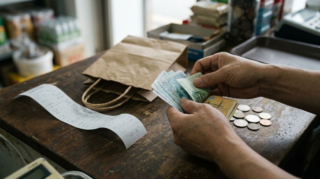 Hands counting Korean banknotes on a shop counter beside a long printed receipt