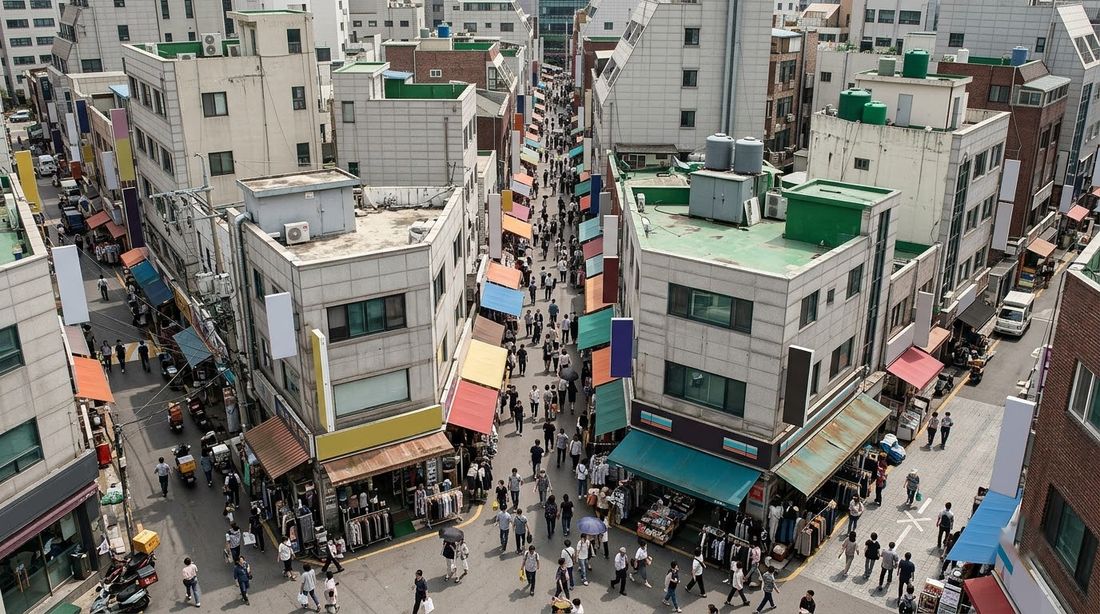 An elevated view of a dense Korean shopping district where small ground-floor shops line intersecting streets