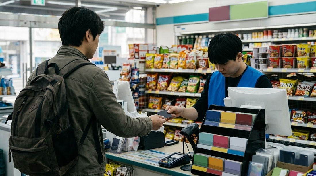 A cashier handing a transit card to a visitor at a Korean convenience store counter