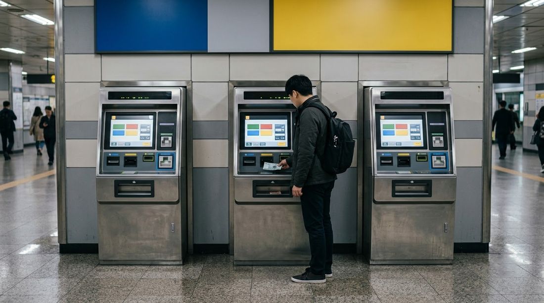 A row of ticket and card-charging machines in a Seoul subway concourse