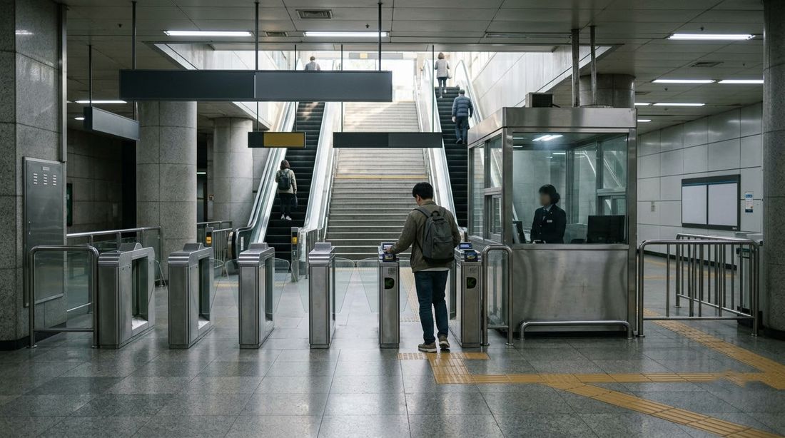 Fare gates and a staff booth at the exit of a Seoul subway station