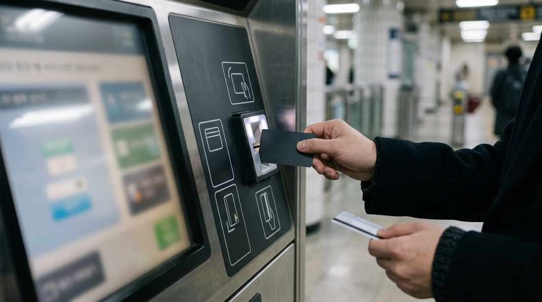 Hands inserting a bank card into a subway ticket machine reader