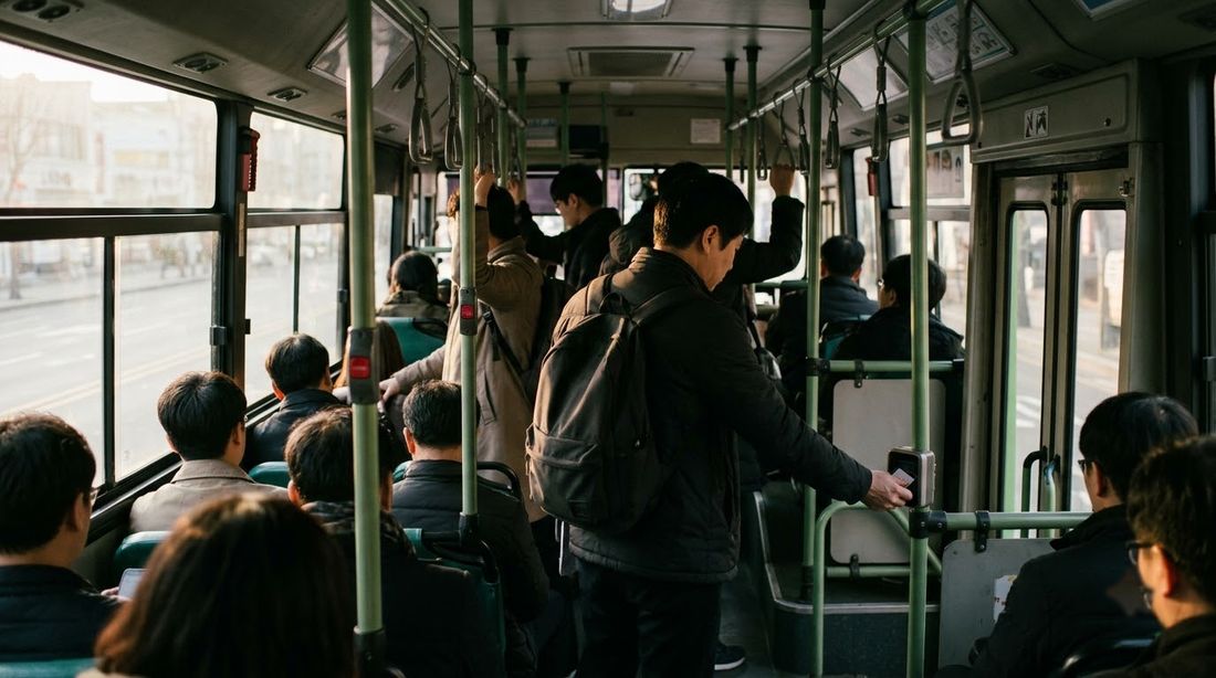 A passenger tapping a transit card on the reader by the rear door of a Korean city bus