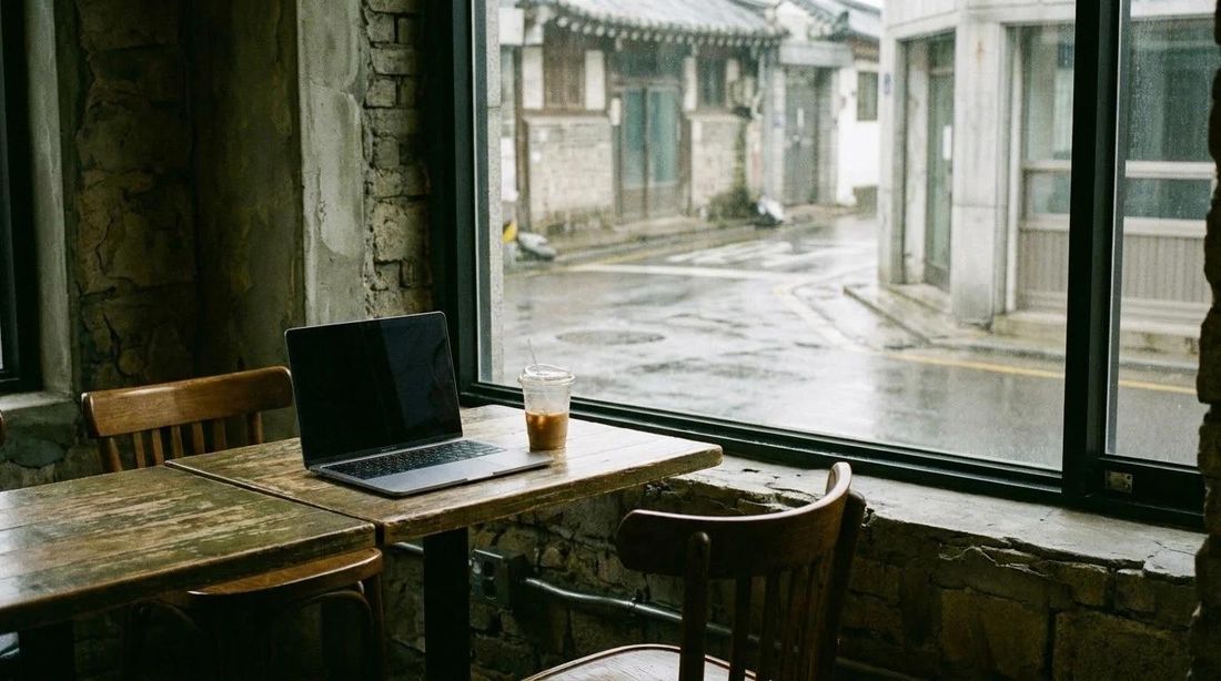 A laptop and a cup left alone on a cafe table